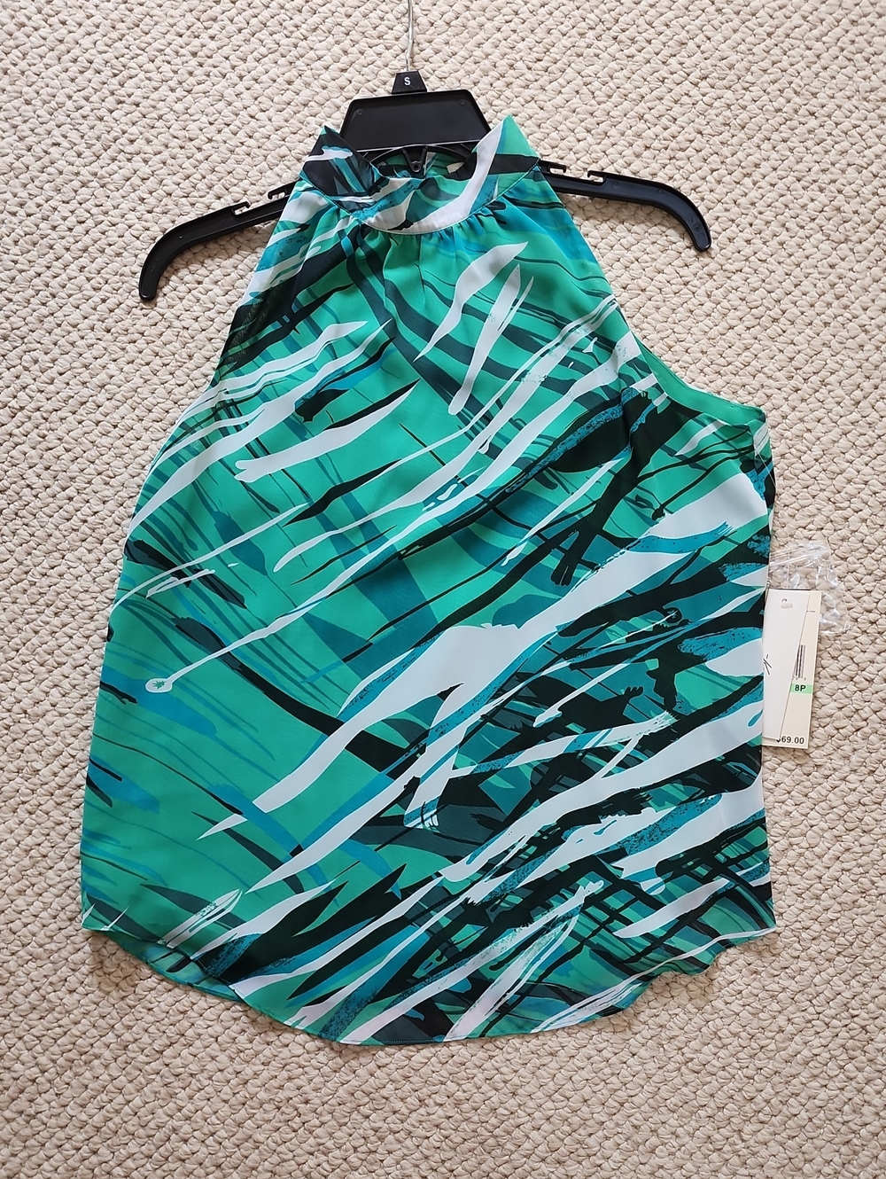 NWT Kenneth Cole Teal & Black Abstract Halter Sleeveless Lined Blouse Top 8P